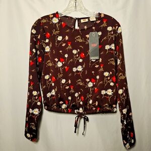 NWT Levi's Womens Brown Floral Polyester Long Sleeve Blouson Top Blouse Small
